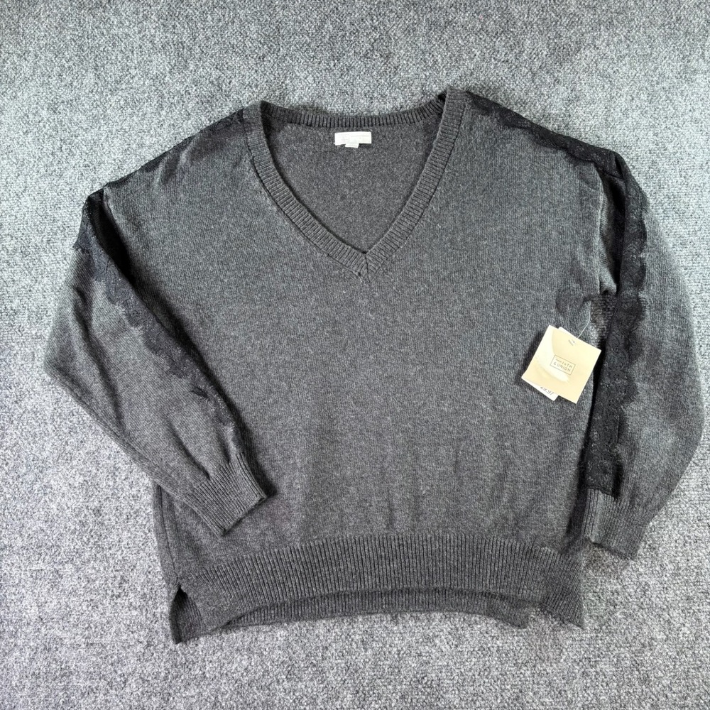 14th & Union V-Neck Sweater Womens Medium Grey Lace Sleeve New Pullover NWT
